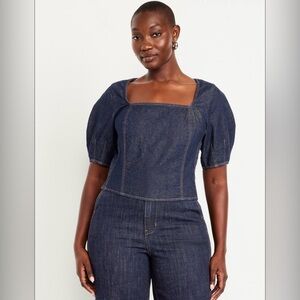 Old Navy Squared-Neck Denim Smocked Crop Top Blouse NWT SP Beachy BoHo
